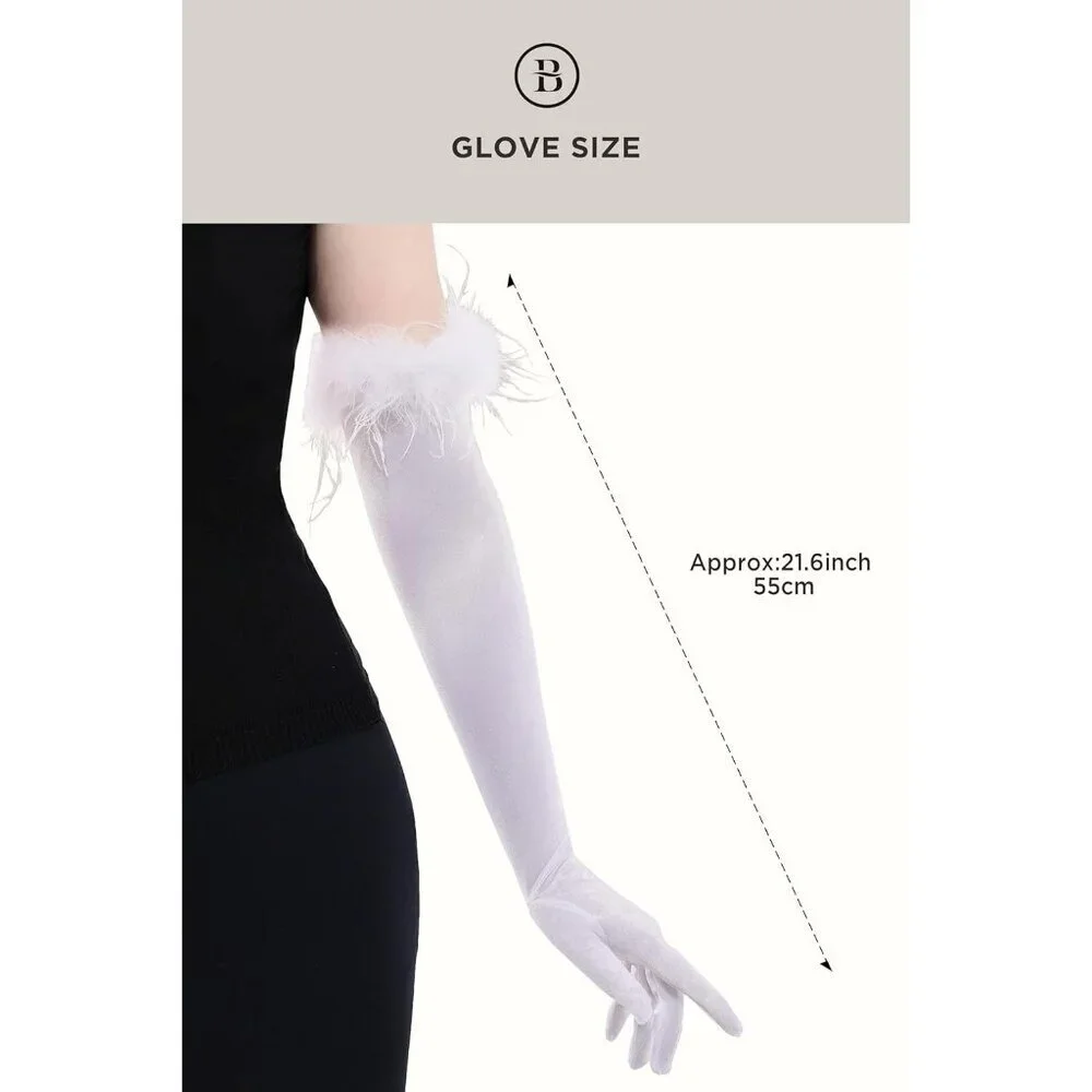 Women's Evening White Feather Long Satin Gloves Stretchy Elbow Halloween Costume